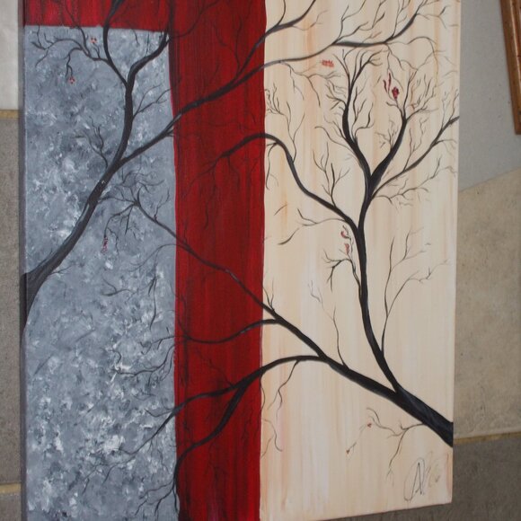 New, Dual Trees acrylic painting hand painted, signed on 16"x20" canvas - Picture 3 of 4